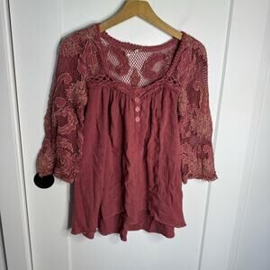 Free People Rose Pink Crochet Lace Floral Boho Flowy Blouse Top Size XS